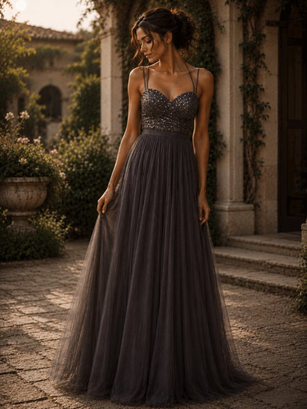 Waters & Waters Formal Dress Flowy Elegant Romantic Fairycore Sparkly Open-Back